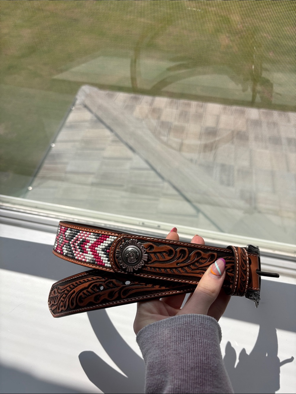 Brown Tooled Leather Belt with Pink Beaded Chevron Accent